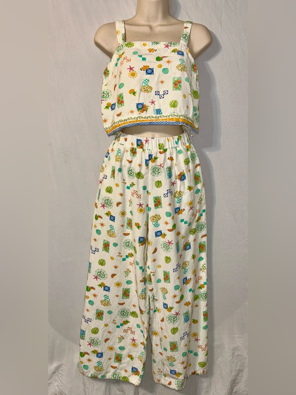 Midnight Sky Linen Blend 2 pc set crop top pants small tropical